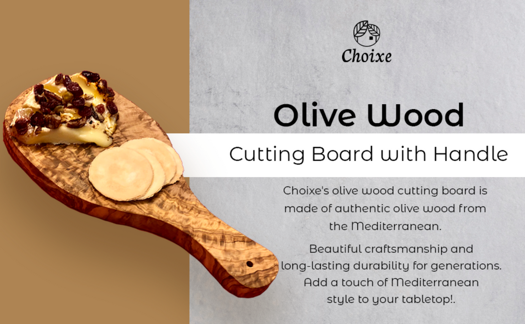 Olive wood cutting board with a Mediterranean handle, showing a smooth surface and natural wood grain details.