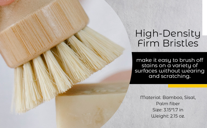 Bamboo and sisal dish brush with natural bristles, showing the bamboo handle and stiff bristles for cleaning.
