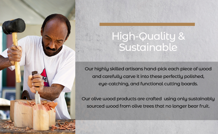 Olive wood cutting board with a Mediterranean handle, showcasing smooth grain and handcrafted design.