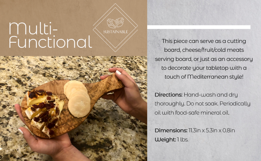 Olive wood cutting board with a Mediterranean handle, showcasing smooth grain and sturdy construction.