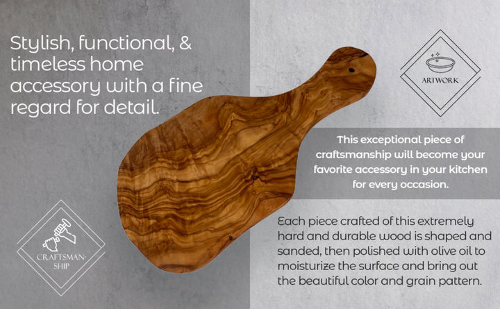 Olive wood cutting board with a Mediterranean handle, showing a close-up of the natural wood grain and carved handle.
