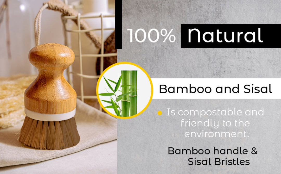 Bamboo and sisal dish brush with natural bristles, ideal for gentle cleaning of dishes and kitchenware.