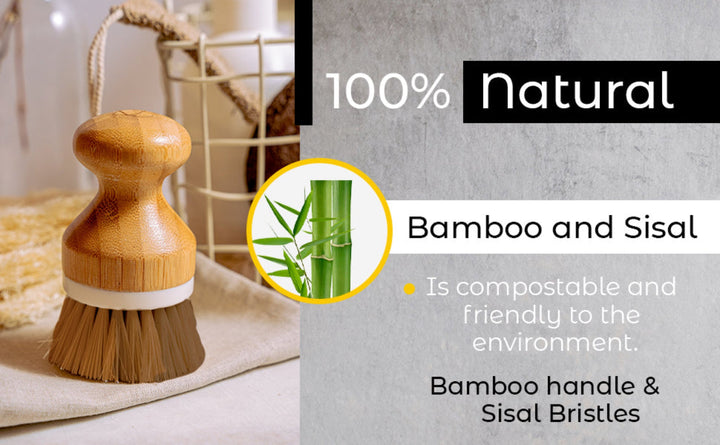 Bamboo and sisal dish brush with natural bristles, ideal for gentle cleaning of dishes and kitchenware.