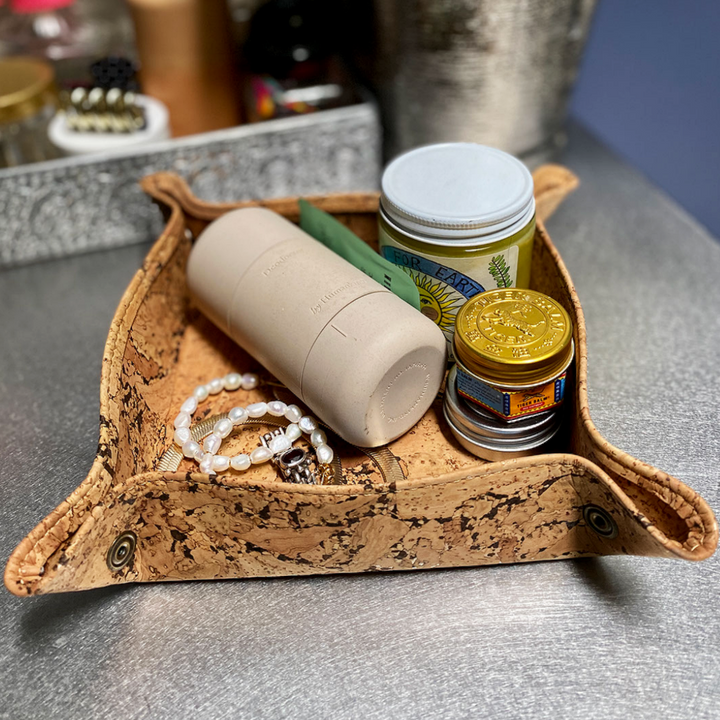 Cork catch-all tray for organizing keys, coins, and small everyday items.