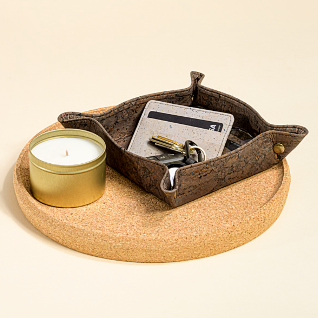 Rectangular cork catch-all tray with raised edges for keys, coins, and small items.
