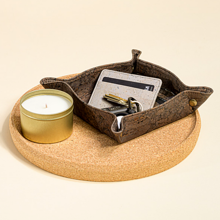Rectangular cork catch-all tray with raised edges for keys, coins, and small items.