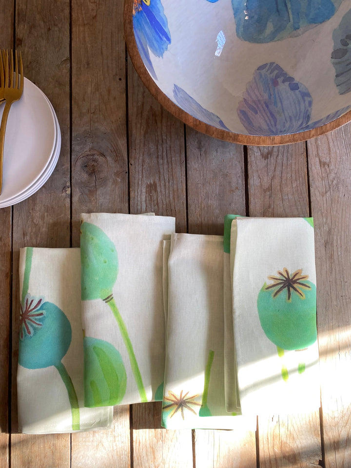 Set of four heavyweight linen-cotton poppy pod napkins in ecru.