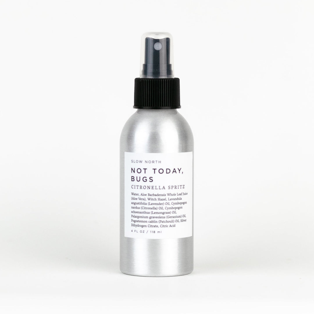 Not Today Bugs natural bug spray in a recyclable aluminum bottle with botanical label.