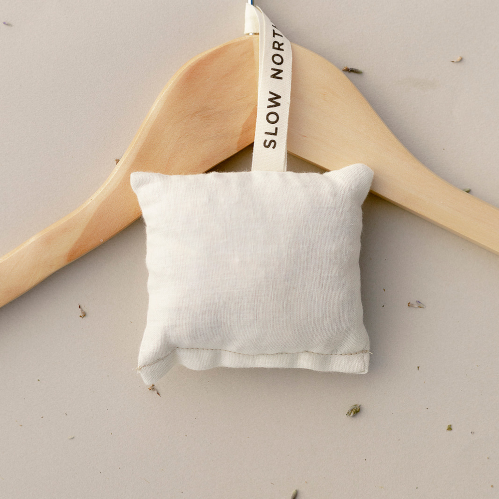 Lavender cedar sachet pouch in soft natural cotton with hanging loop.