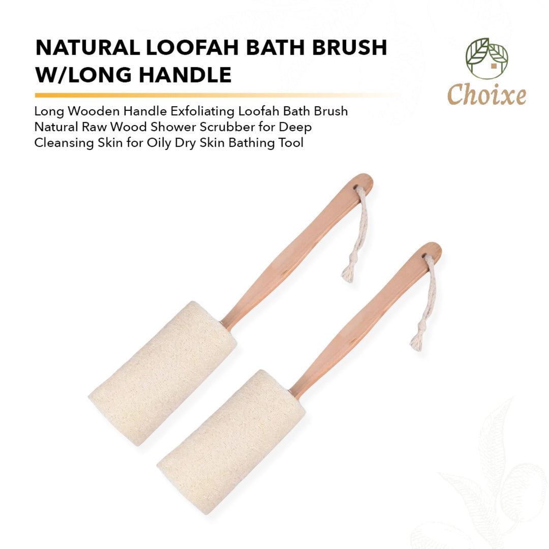 Natural loofah bath brush with long handle, shown with infographic details on its exfoliating and cleaning benefits.