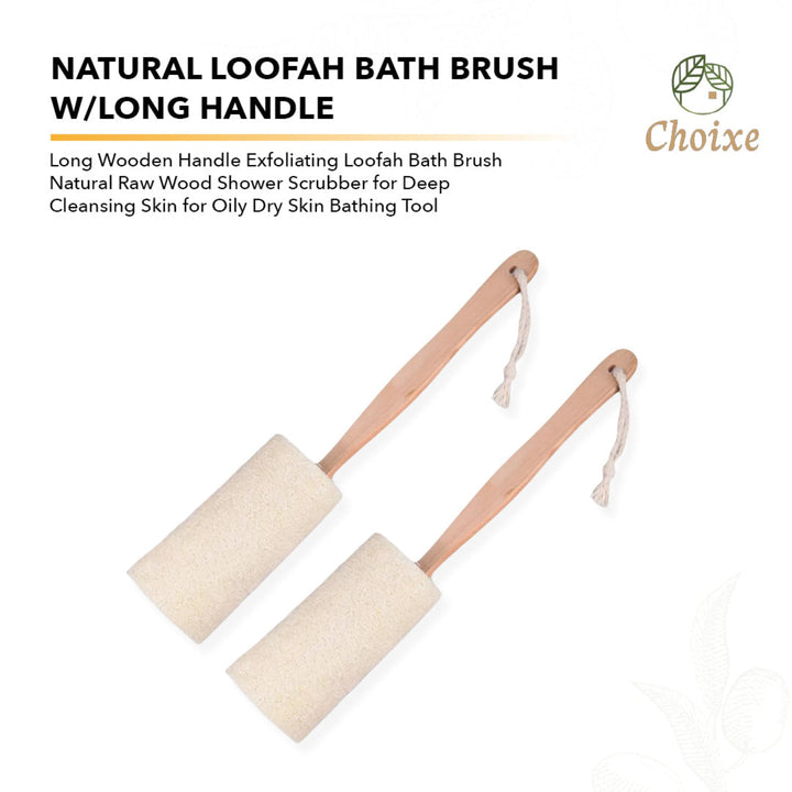 Natural loofah bath brush with long handle, shown with infographic details on its exfoliating and cleaning benefits.