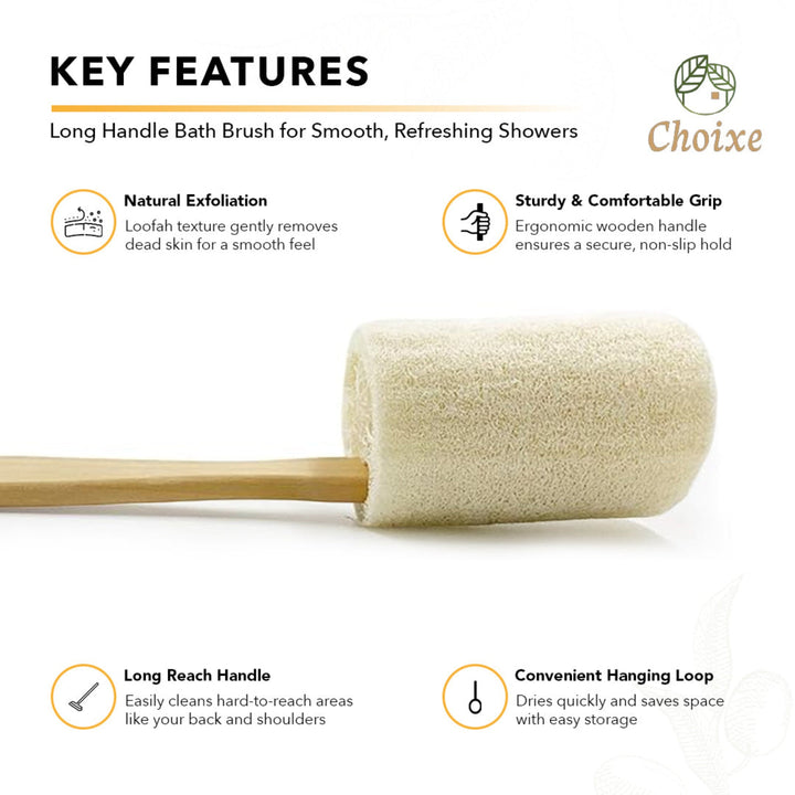 Natural loofah bath brush with long handle, showing the textured loofah surface and ergonomic handle for easy bathing.
