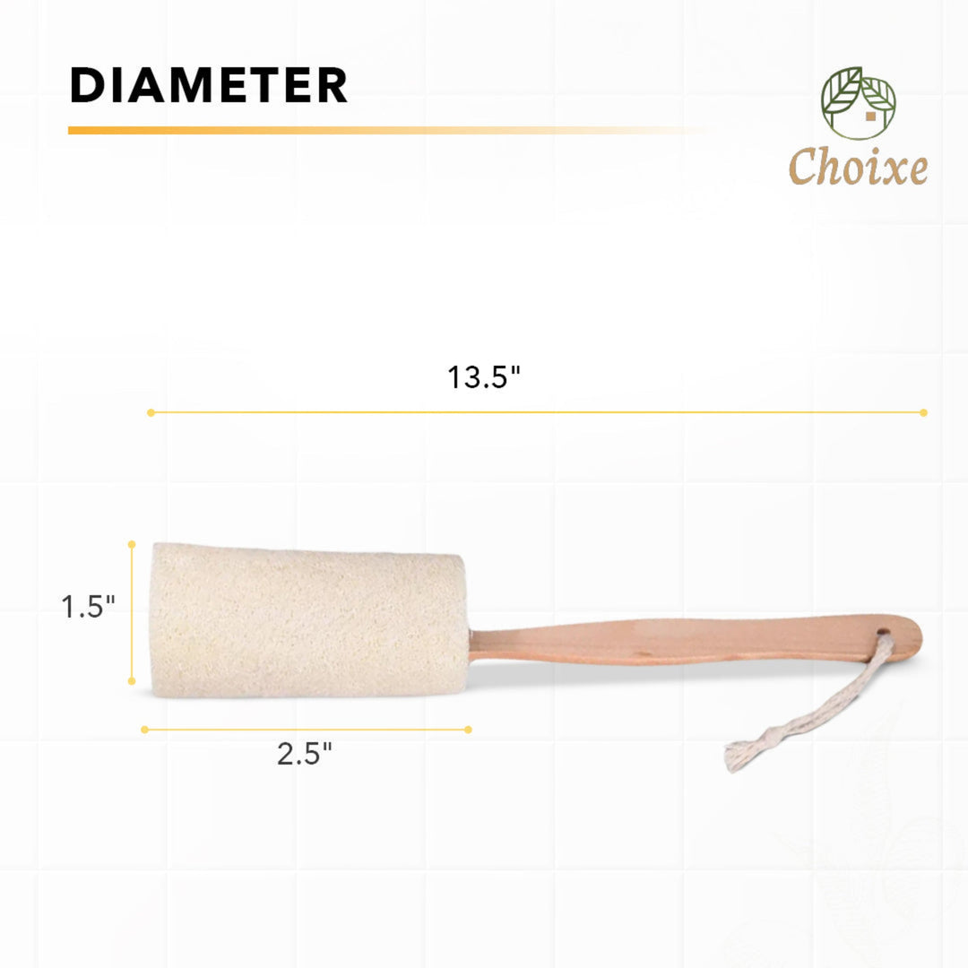 Natural loofah bath brush with long handle, showing the exfoliating textured surface for body cleansing.