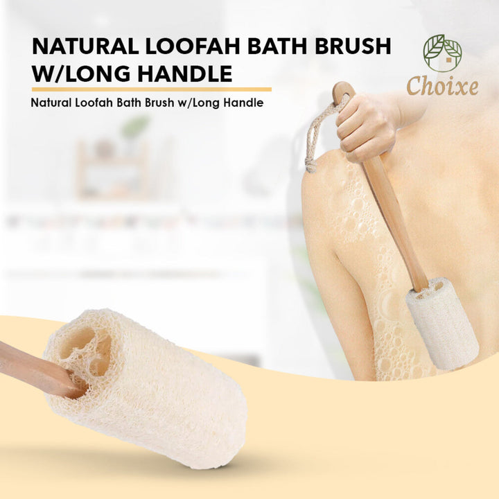 Natural loofah bath brush with long handle, showing the textured loofah surface and ergonomic handle for easy scrubbing.