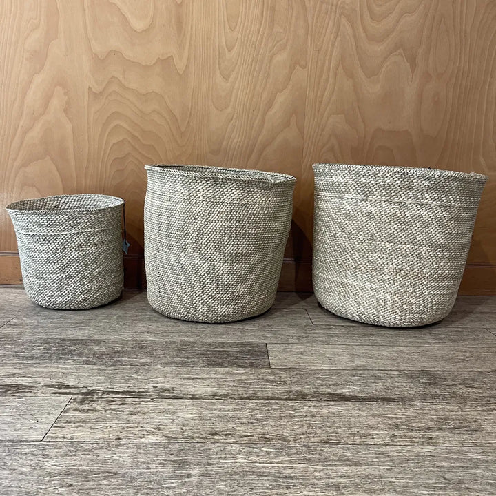 Three natural milulu grass baskets in medium, large and extra large lined up against a plywood wall
