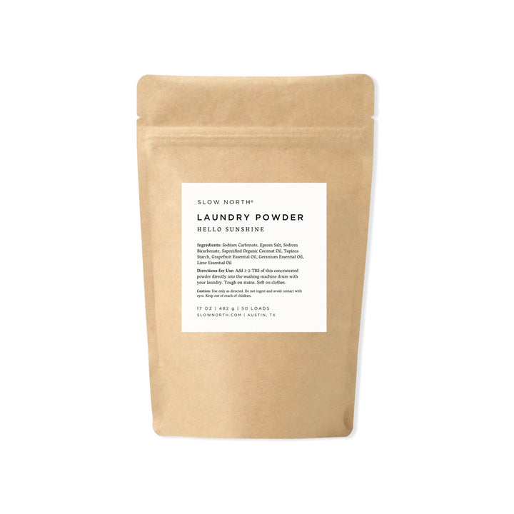 Hello Sunshine all-natural laundry powder in bright yellow packaging with citrus design.