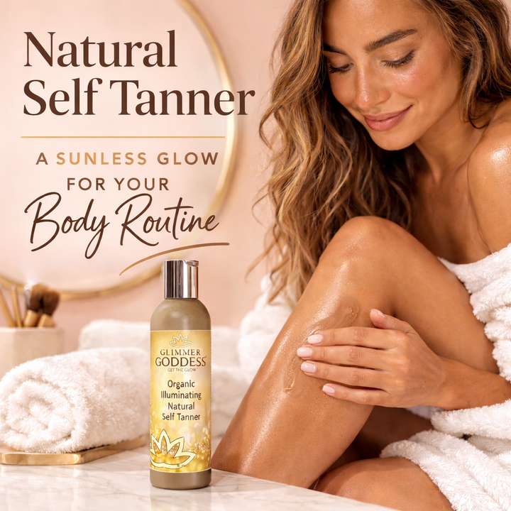 Organic self tanning lotion bottle with tan application.