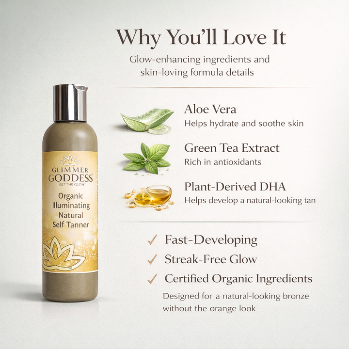 Organic self tanning lotion bottle shown with a tan application.