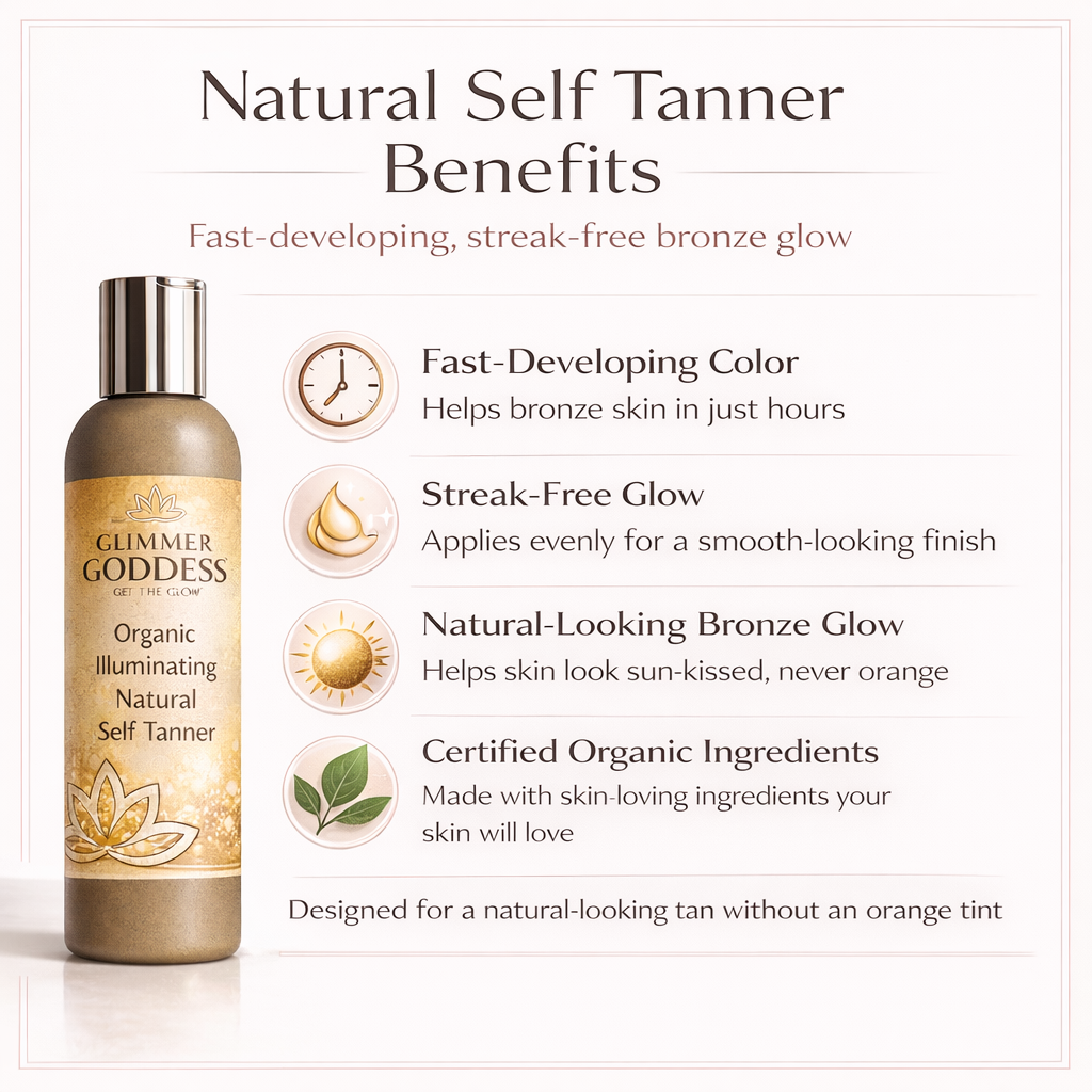 Organic self-tanning lotion bottle in a natural setting.