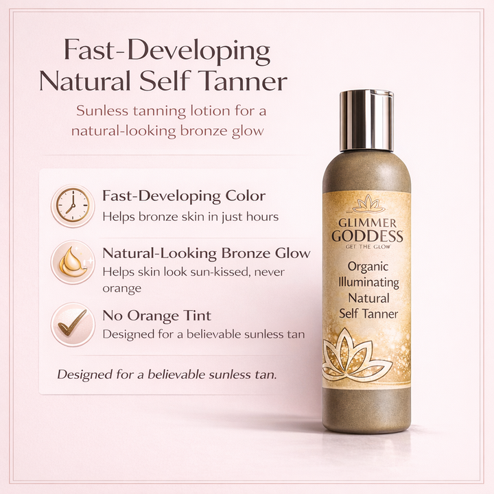 Organic self tanning lotion bottle with a sun-kissed finish.