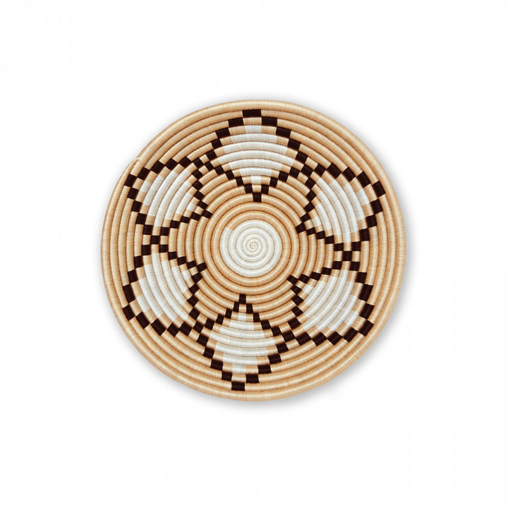 Overhead view of a medium Neri natural sisal woven bowl with a black and natural pattern.