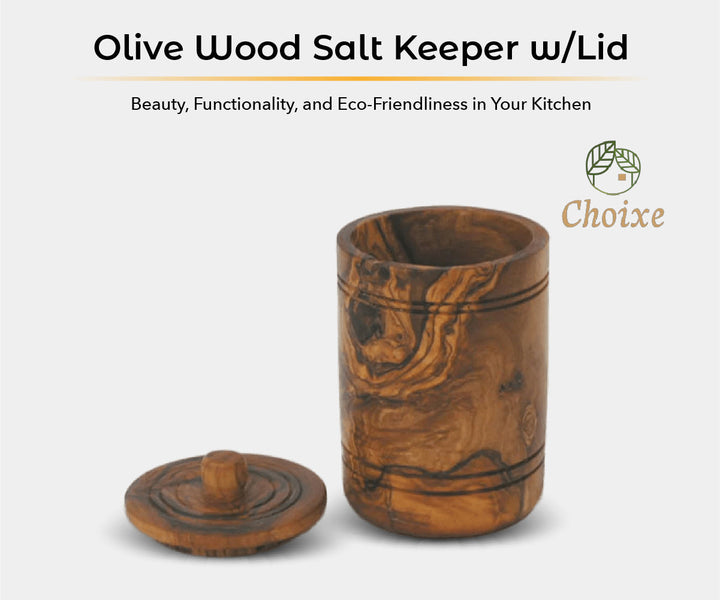 Hand-carved olive wood spice jar with lid, a salt keeper with a natural wood finish, ideal for kitchen storage and seasoning.