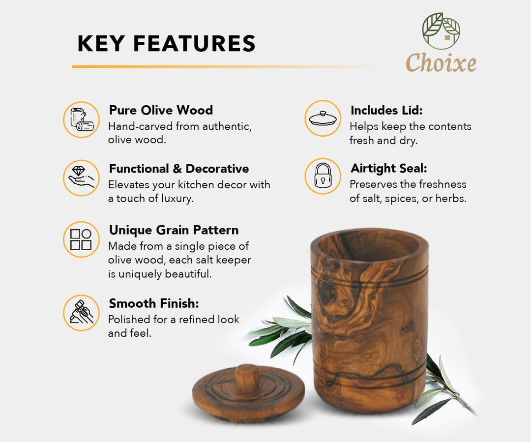 Hand-carved olive wood spice jar with lid, a salt keeper for storing spices in a rustic, natural style.