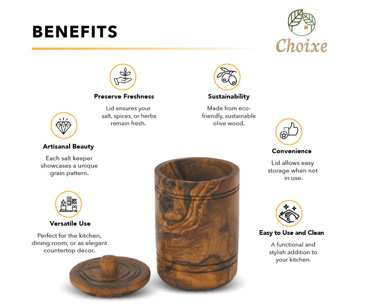 Hand-carved olive wood spice jar with lid, featuring natural grain and rustic design, ideal for storing salts and spices.