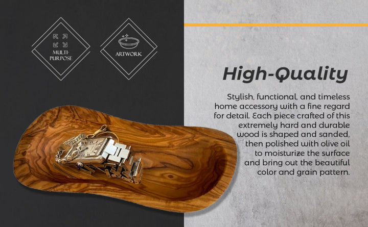 Mediterranean olive wood bowl, showcasing its natural grain and multi-purpose design in a detailed infographic image.
