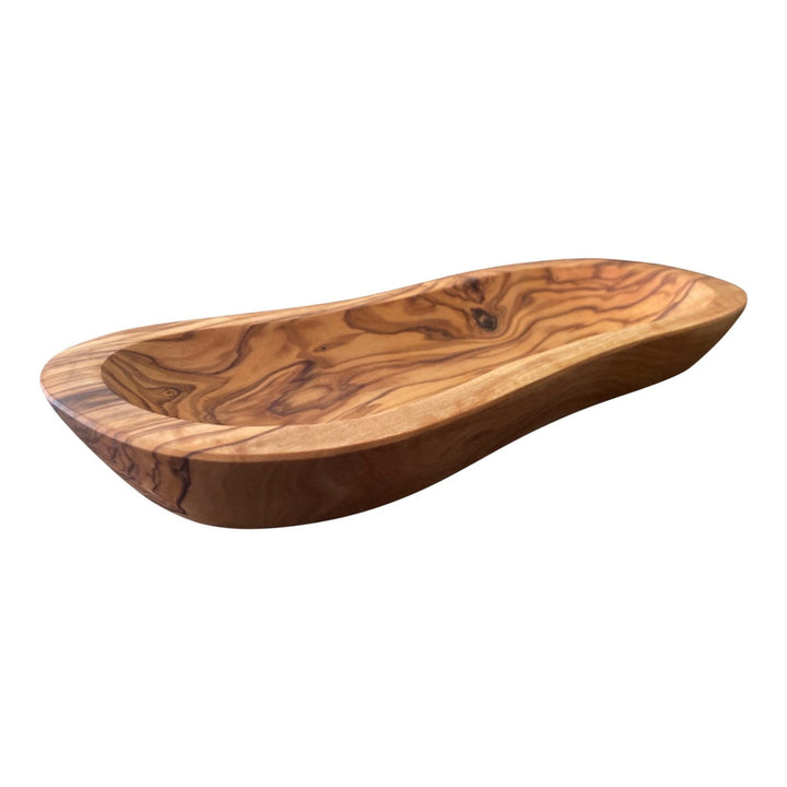 Mediterranean olive wood bowl, showcasing its natural grain and multi-purpose design for serving or decoration.