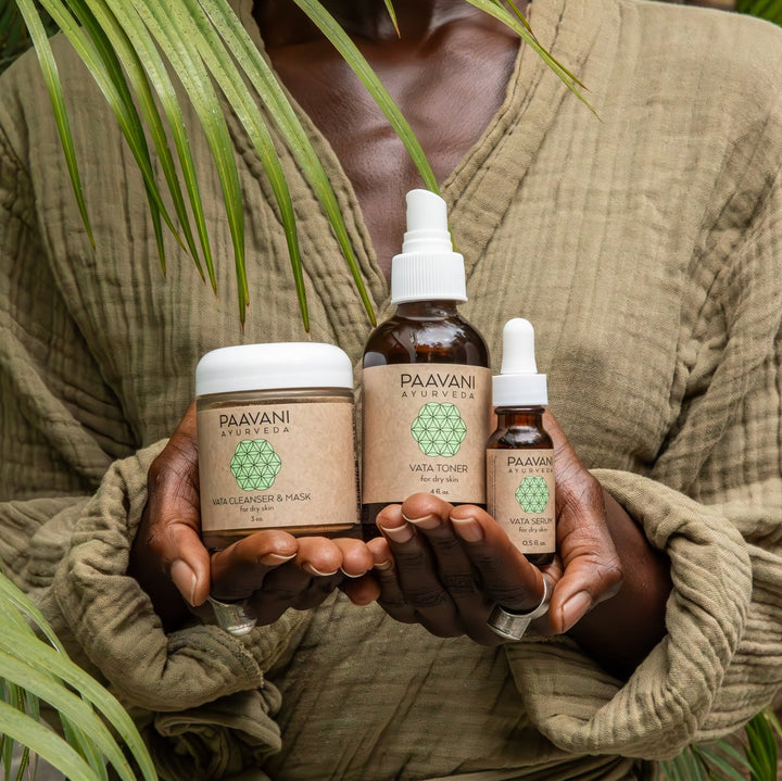 Vata Ayurvedic skincare ritual facial set with herbal products.