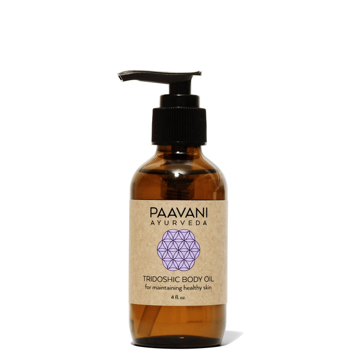 Tridoshic Ayurvedic body oil for all skin types, with herbal ingredients.