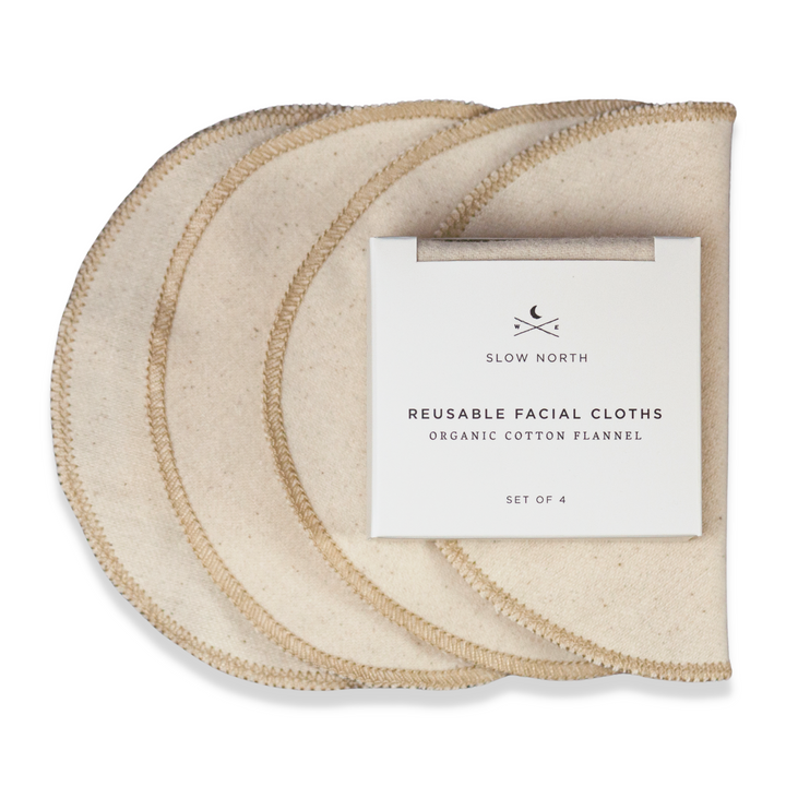 Set of four reusable cotton facial cloths designed as an alternative to disposable cotton rounds.