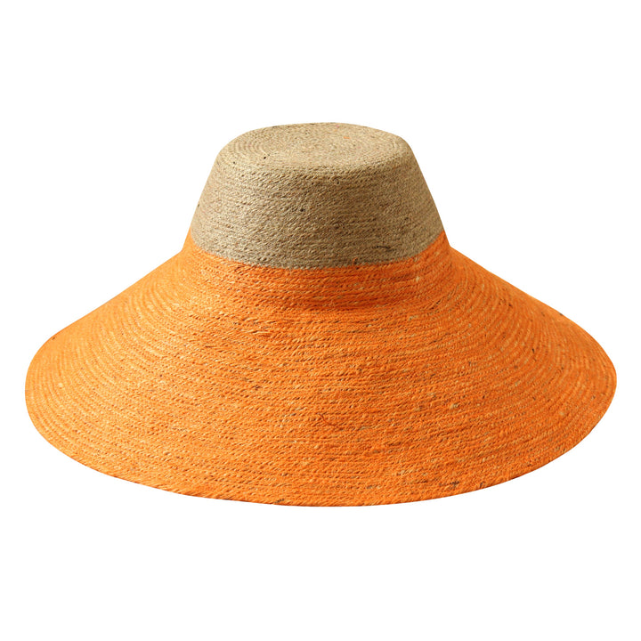 Duo jute straw hat in tangerine orange with a wide brim, for sun coverage and stylish summer wear.