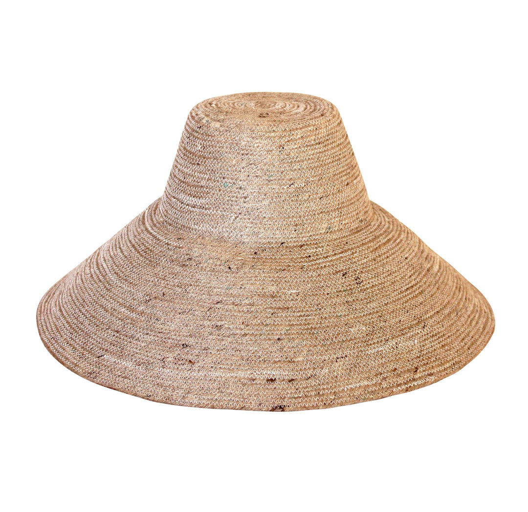 Handwoven jute hat in natural beige with a wide brim, a stylish and breathable accessory.