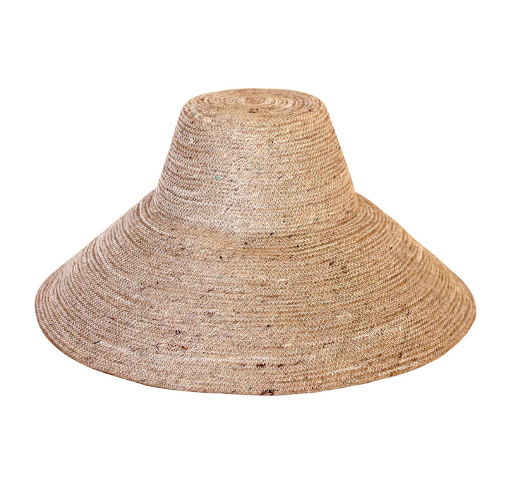 Handwoven jute hat in natural beige with a wide brim, a stylish and breathable accessory.