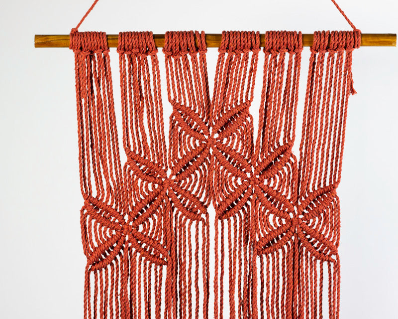 Tile-red macrame wall hanging with intricate knotwork on a neutral background.