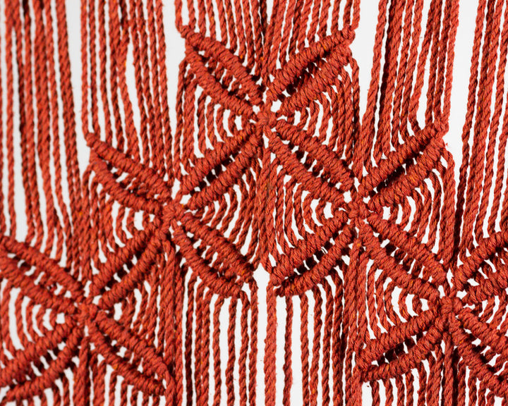 Tile-red macrame wall hanging with intricate knots and textured weave.