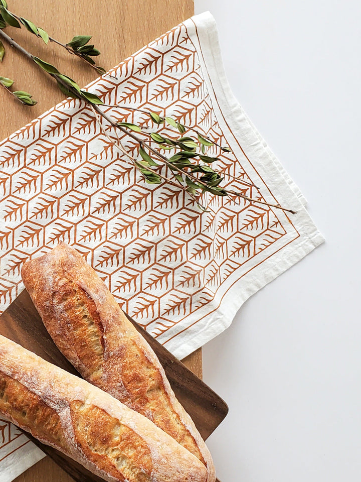 Handcrafted cotton tea towels with tree design, kitchen and styling essential