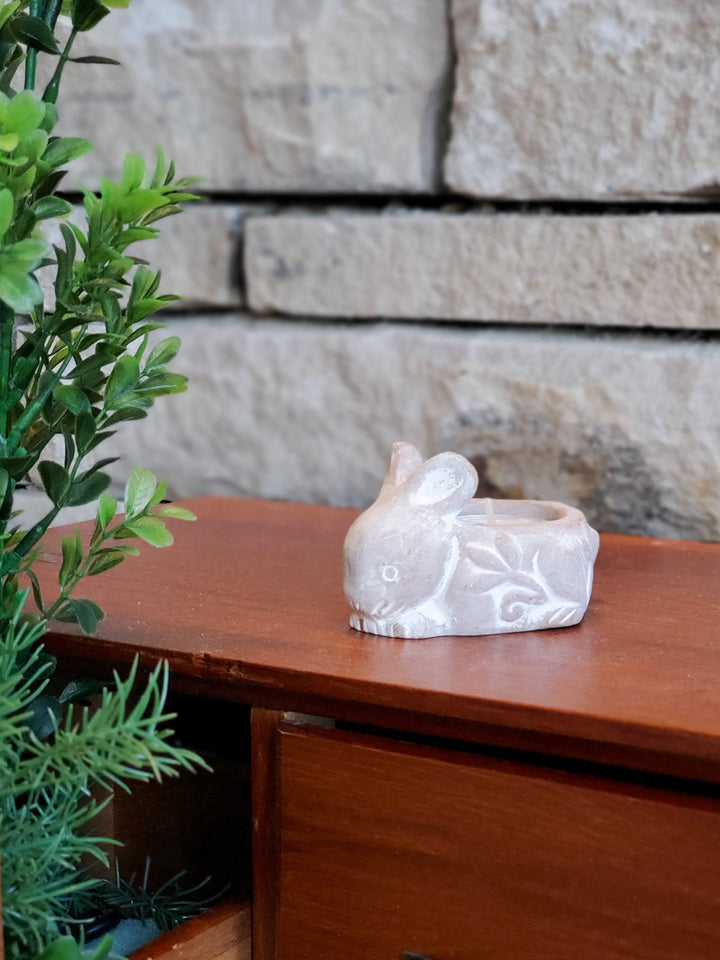Rabbit terracotta tea light holder in an earthy clay finish