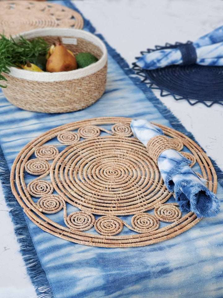 Handwoven palm fiber napkin rings in natural color, sized for standard dinner napkins, set of 4