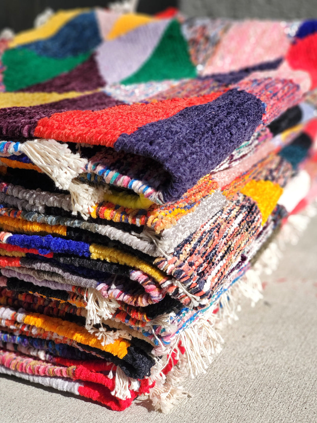 Plush recycled chenille floor mat, soft underfoot with one-of-a-kind variations