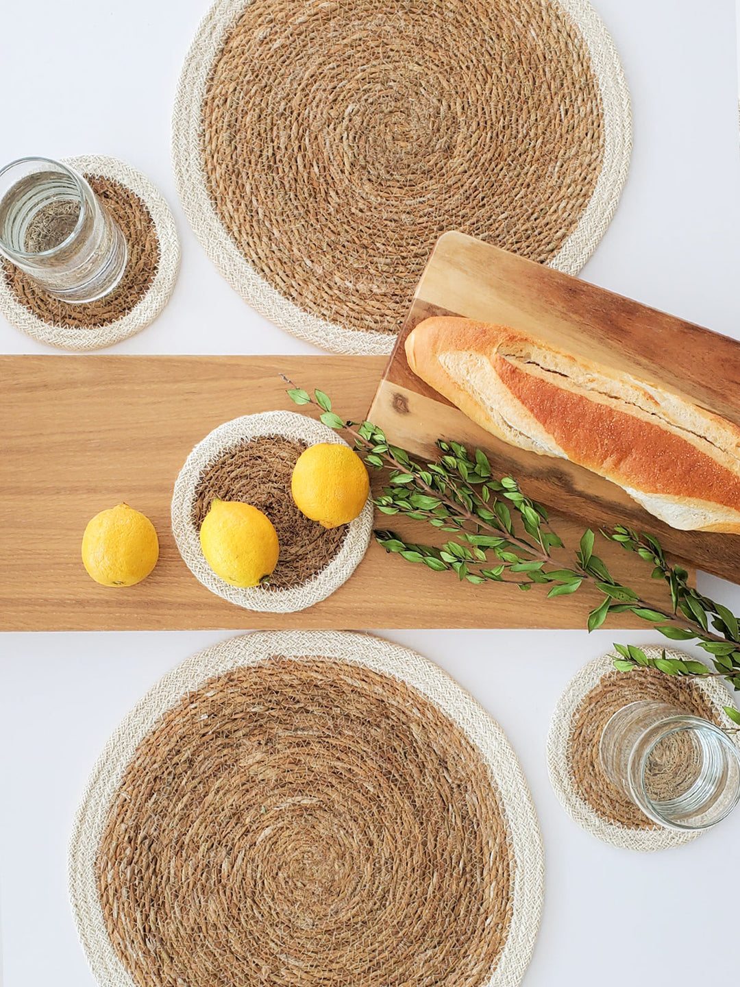 Handwoven natural seagrass round placemats for the dining table