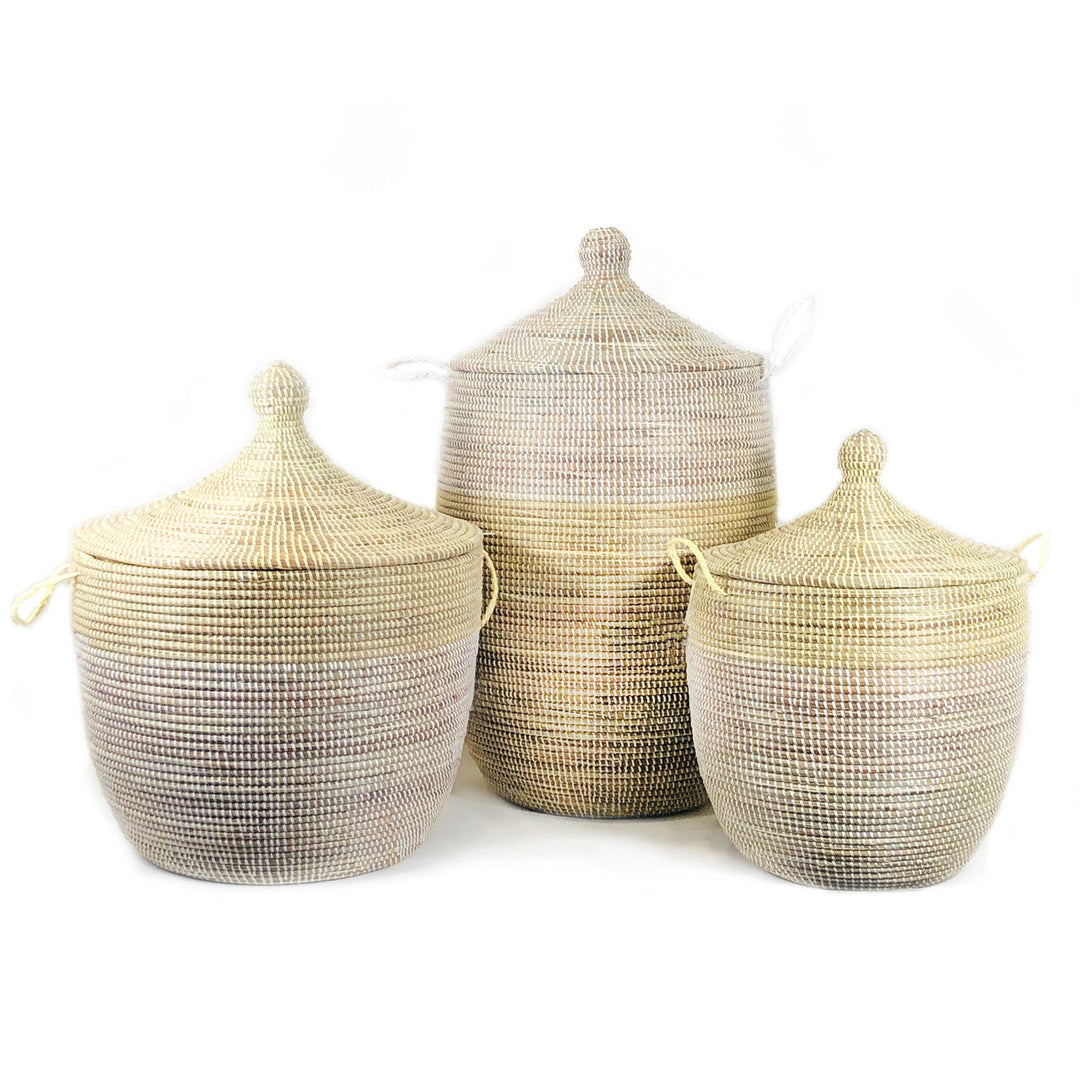 Extra-large two-tone natural and white storage basket with sturdy handles.