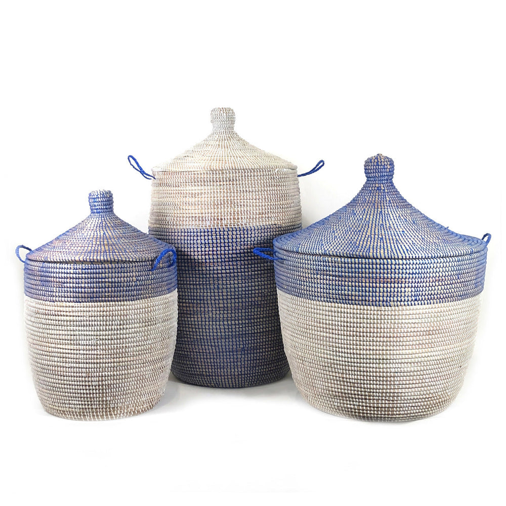 Two-tone navy and white woven basket with a textured design for storage.