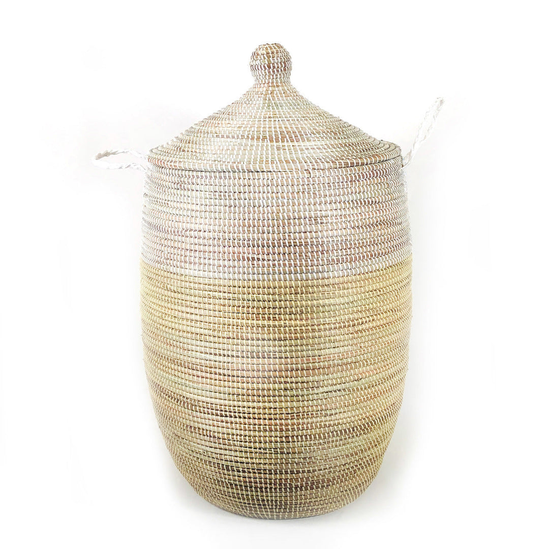 Extra-large two-tone floor basket in natural and white, handwoven in Senegal