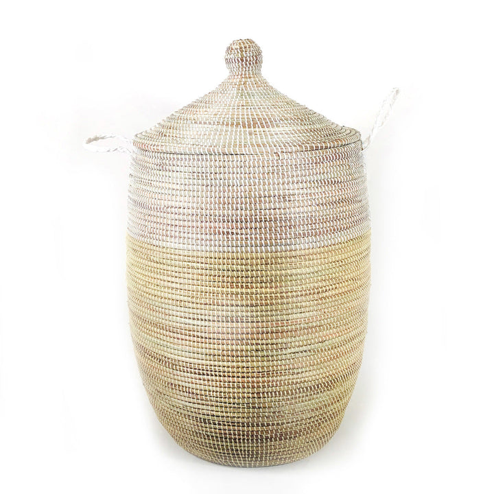 Extra-large two-tone floor basket in natural and white, handwoven in Senegal