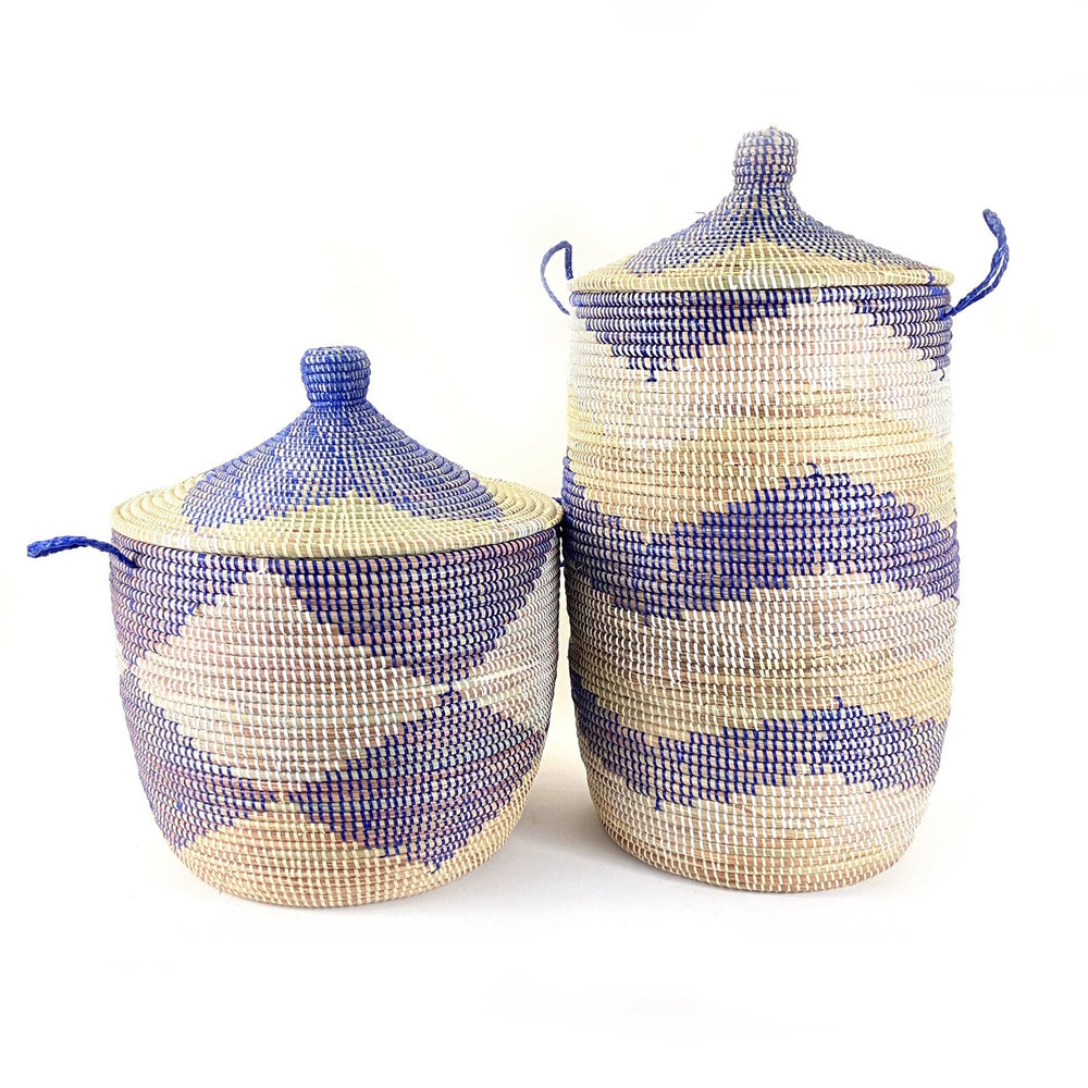Blue and natural chevron woven storage basket with handles.