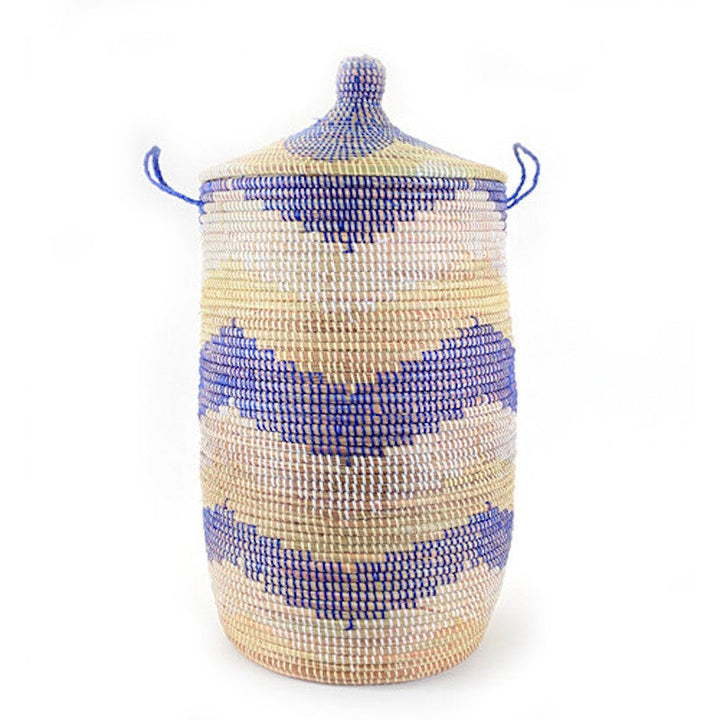 Large blue chevron lidded hamper basket, handwoven millet grass from Senegal