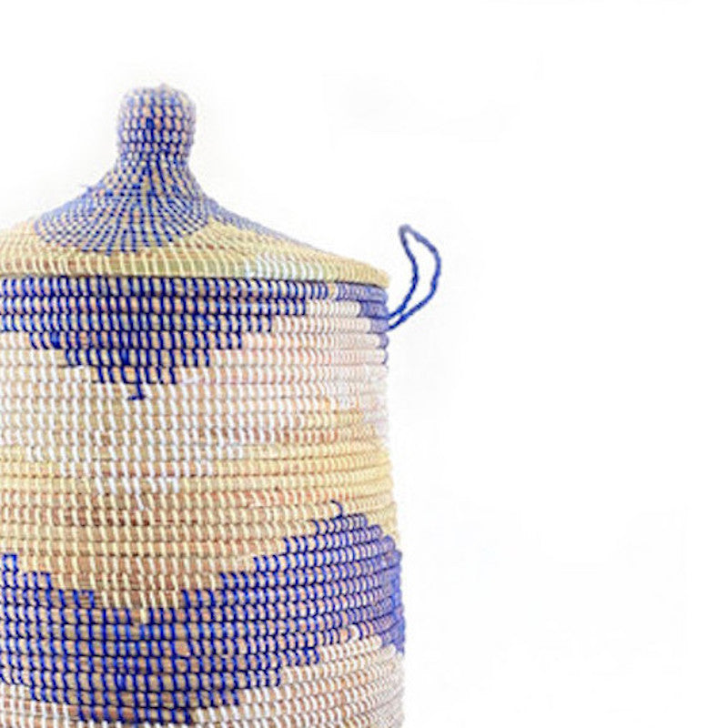 Large blue chevron lidded hamper basket for laundry or storage.